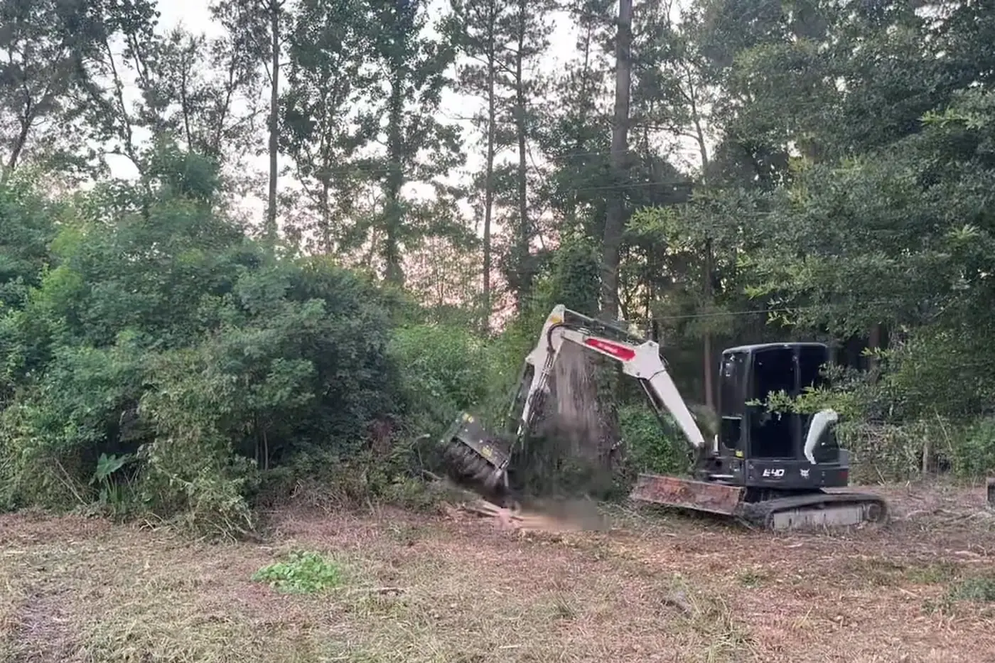 Mini excavator grubbing brush and roots out of a wooded lot, pulling the root mass and soil loose